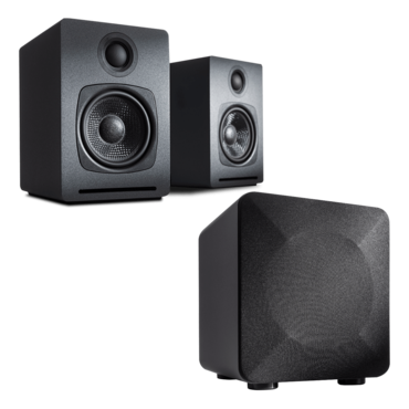 A1, Wired/Bluetooth, Grey, 2.0 Channel Bookshelf Speakers + S6-GRY, Wired, Grey, 1.0 Subwoofer