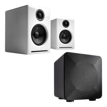 A2+BT-WHT, Wired/Bluetooth, Hi-Gloss Piano White, 2.0 Channel Bookshelf Speakers + S6-GRY, Wired, Grey, 1.0 Subwoofer