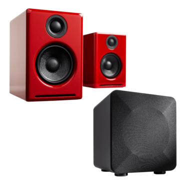 A2+BT-RED, Wired/Bluetooth, Hi-Gloss Red, 2.0 Channel Bookshelf Speakers + S6-GRY, Wired, Grey, 1.0 Subwoofer