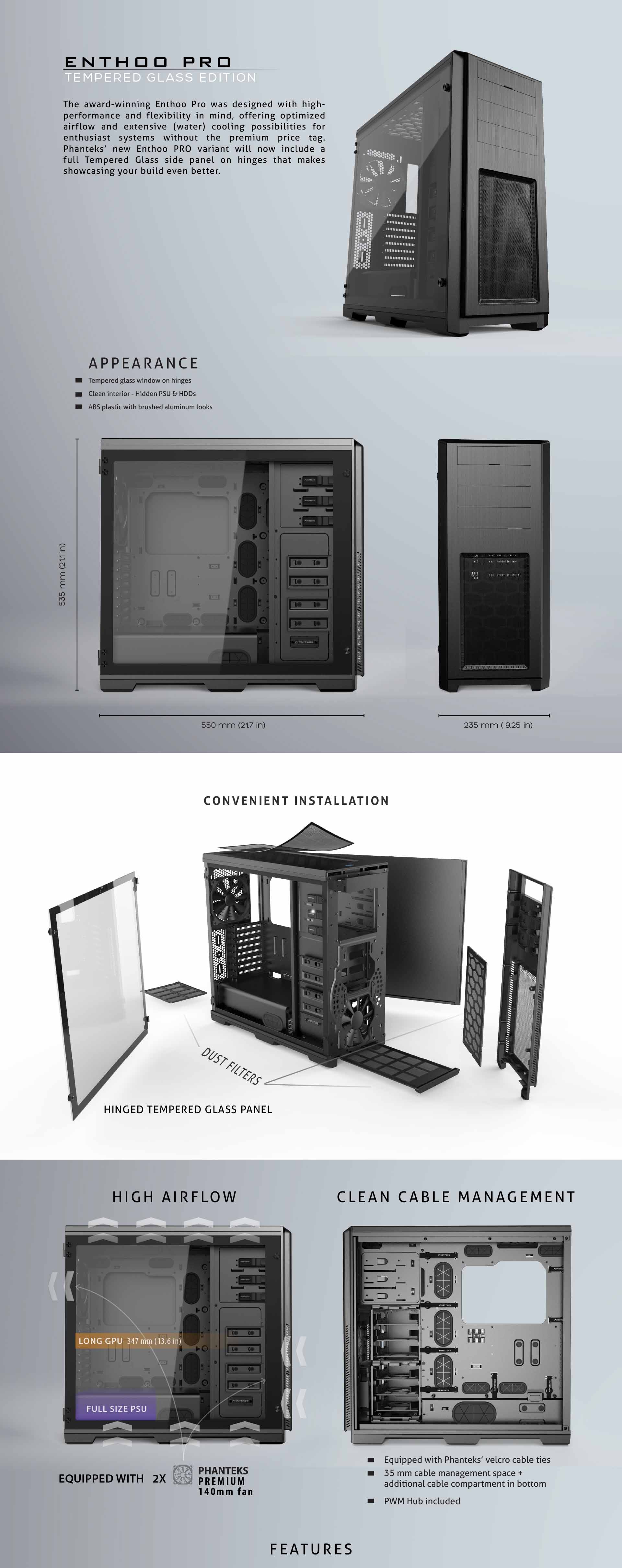 Phanteks Enthoo Pro Tempered Glass E-ATX Satin Black Full Tower Case ...